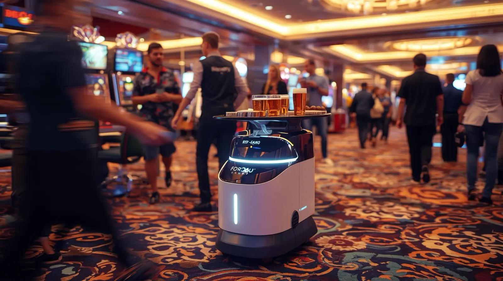 Service robot navigating casino floor delivering drinks to customers